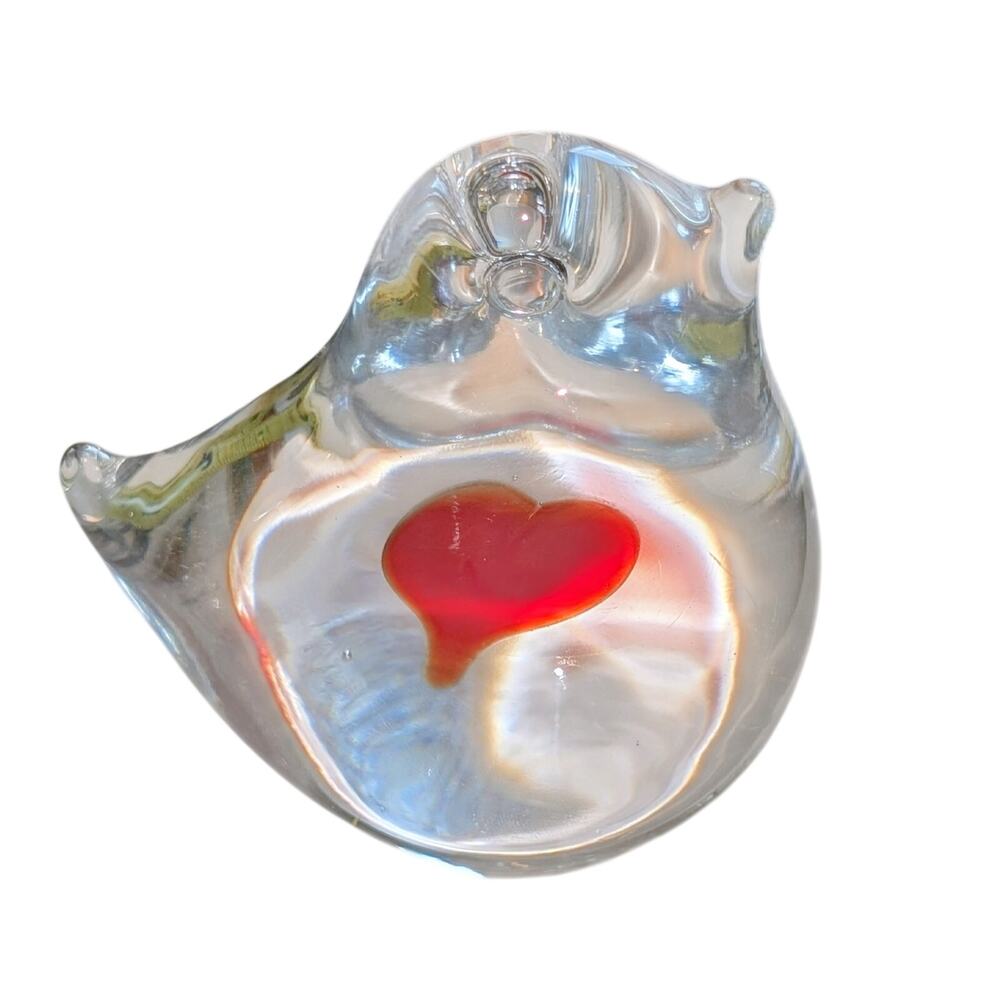 Made in Sweden Clear Art Glass Bird W/ Red Heart Paperweight Figurine